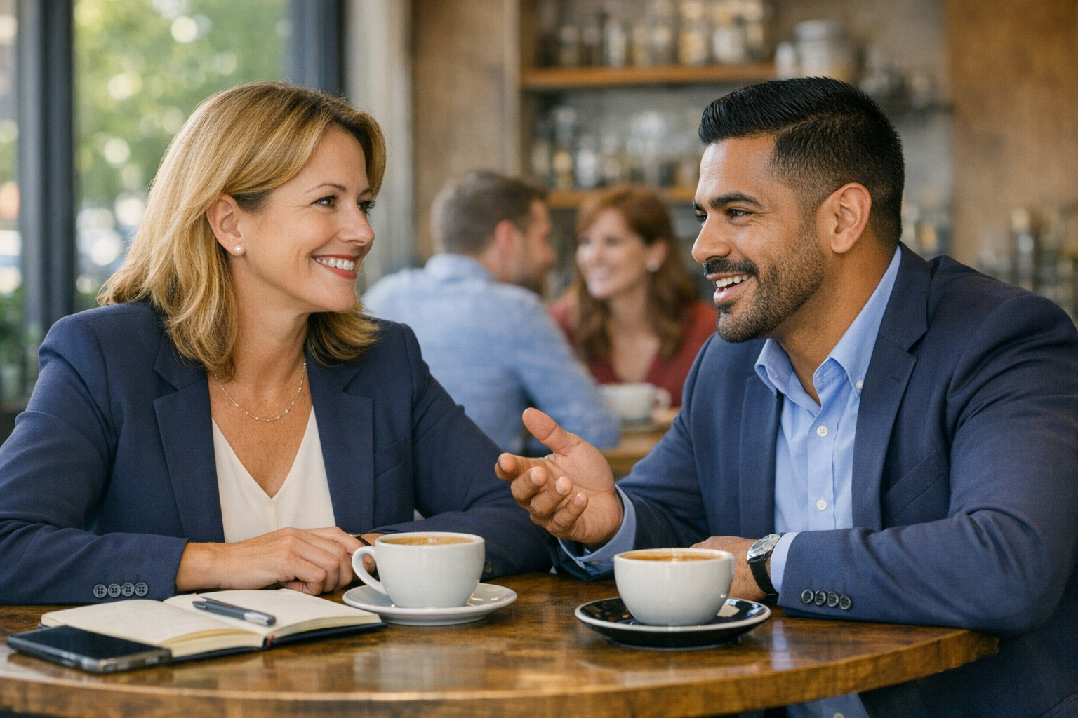Two professionals having a networking conversation over coffee, representing relationship building and career advancement through personal connections